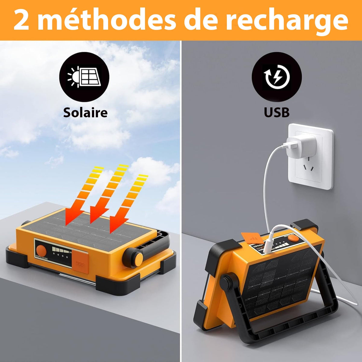 Projecteur LED rechargeable 100W avec powerbank solaire intégrée